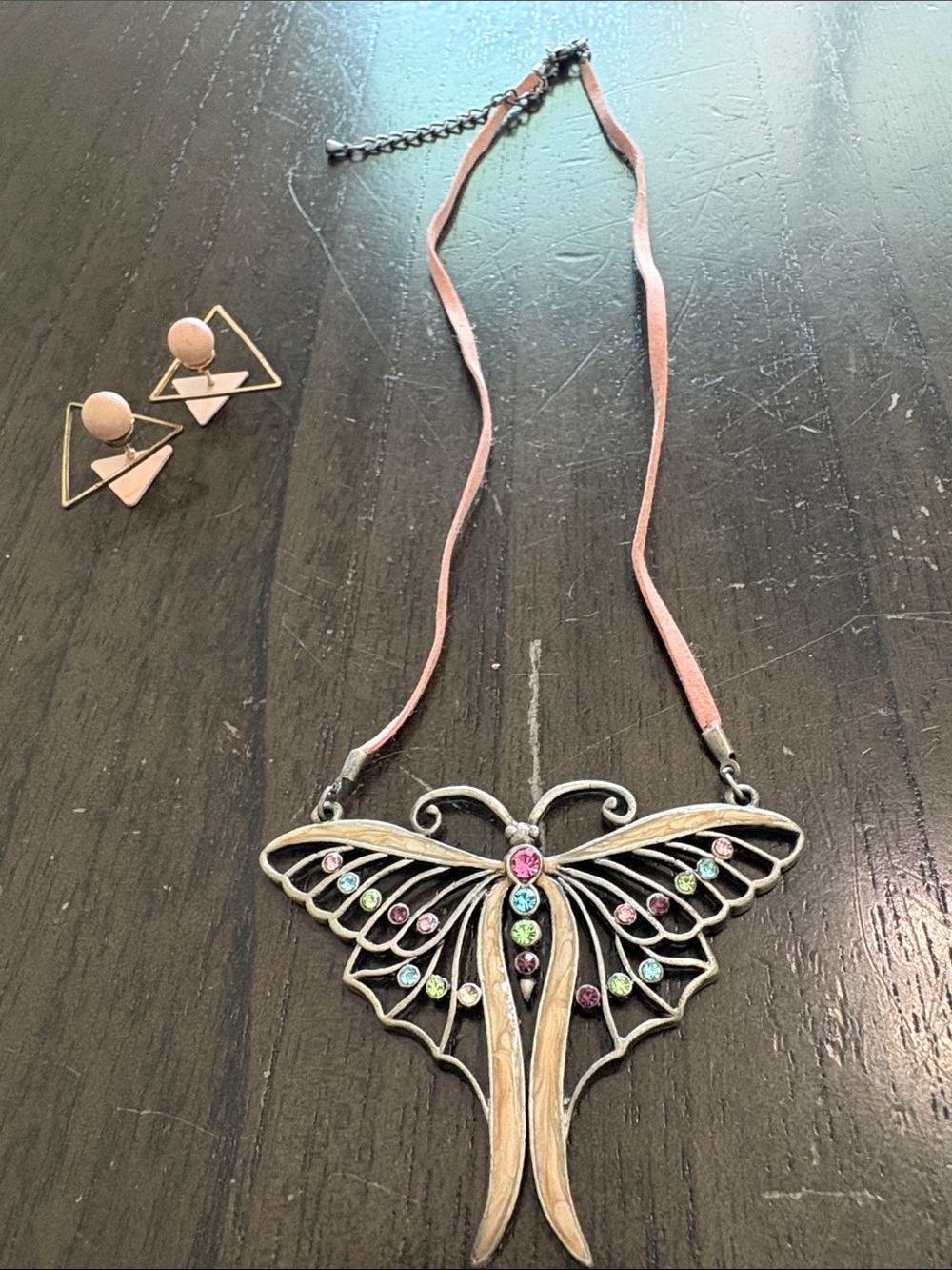 Multicolor Butterfly Pendant Necklace with Pink Cord